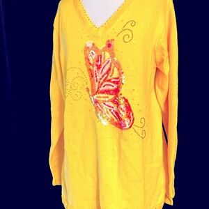 Women’s NWT VINTAGE THE QUAKER yellow V-Neck Pullover Sweater w Butterfly Sz L